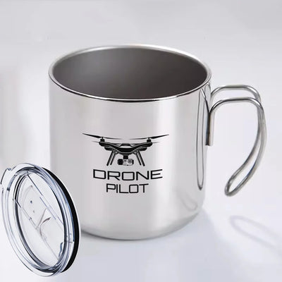 Drone aviation design on portable mug, vacuum-insulated double-wall.