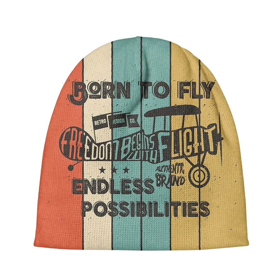 Colourful Born To Fly aviation embroidery on soft knit fabric 3D knit beanie.