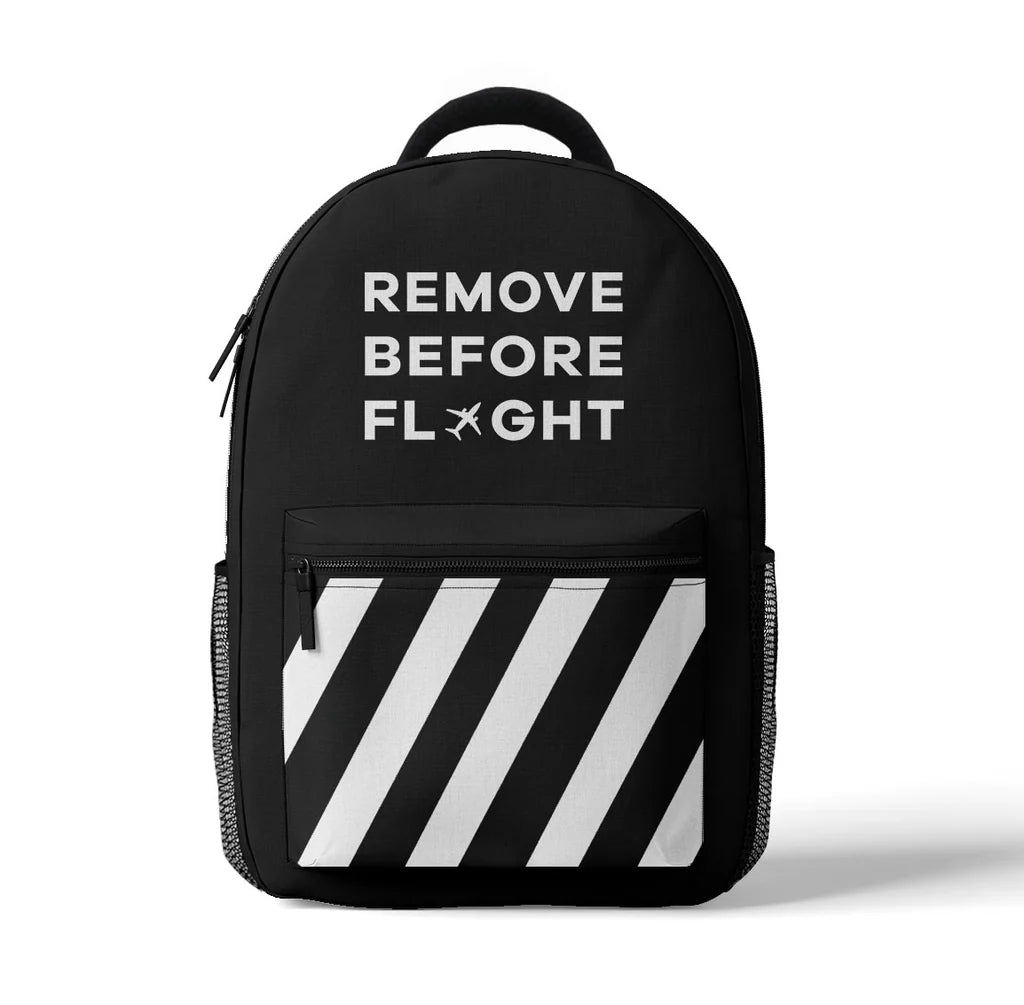 Special Edition Remove Before Flight aviation design backpack, durable polyester construction.