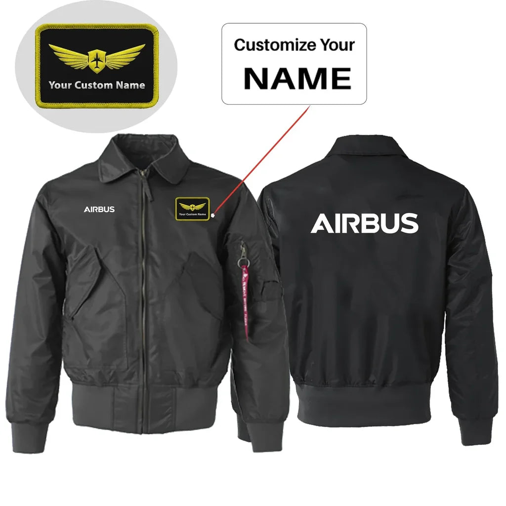Airbus & Text Embroidered aviation design printed on padded shell with hook-and-loop patch panels patch bomber jacket.