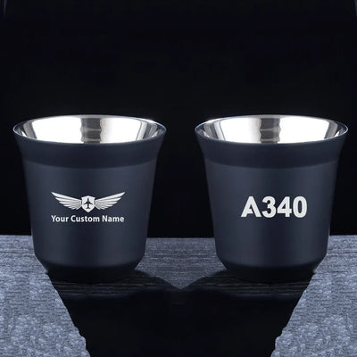 Airbus A340 Flat Text aviation design on double-wall coffee mug, vacuum-insulated double-wall.