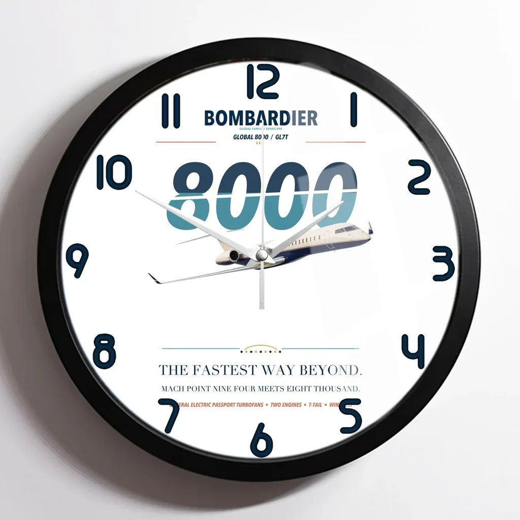 Bombardier Global 8000 design on white framed wall clock