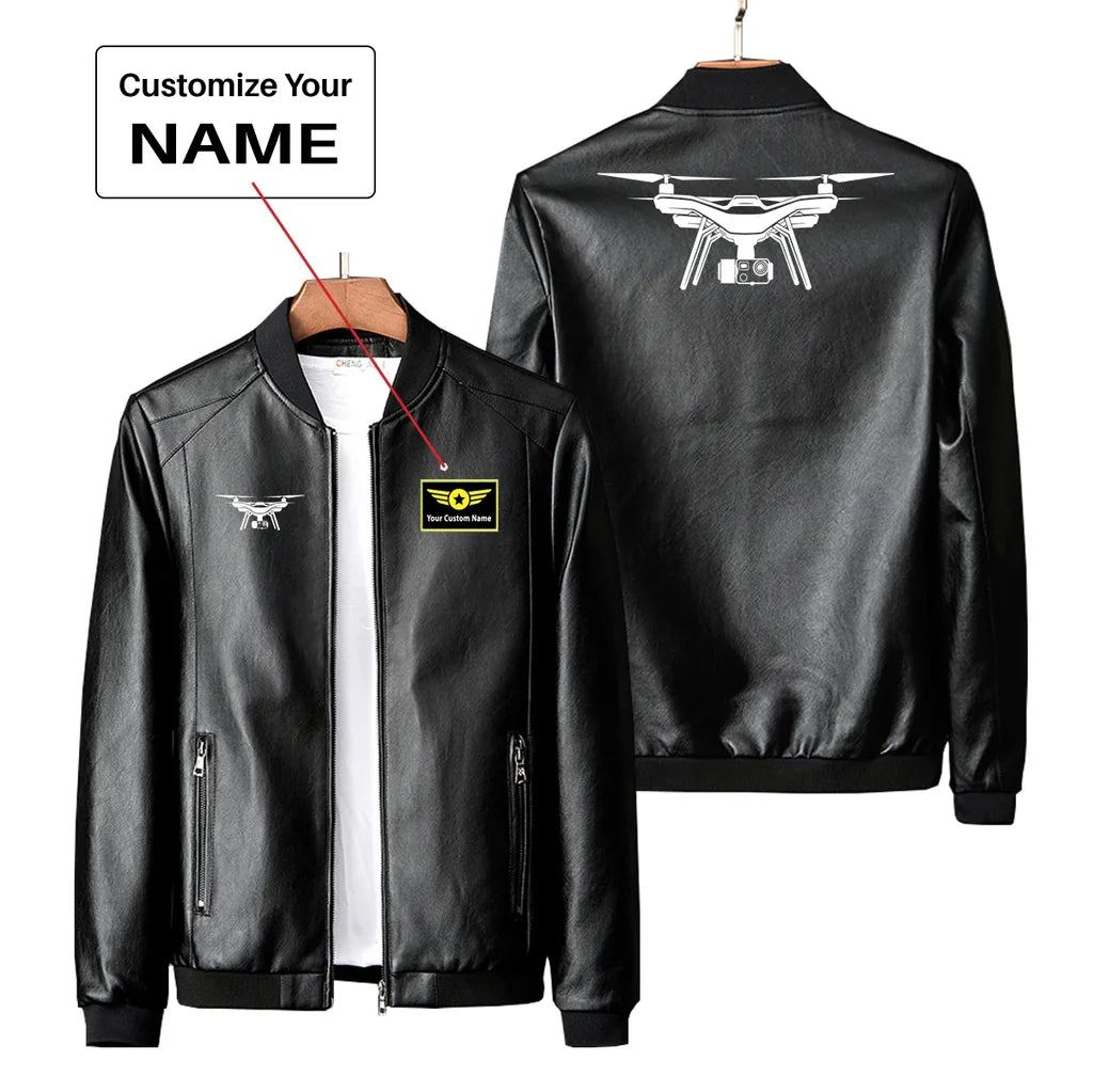 Drone Silhouette PU aviation design printed on genuine leather with quilted lining leather jacket.