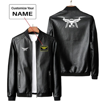 Drone Silhouette PU aviation design printed on genuine leather with quilted lining leather jacket.