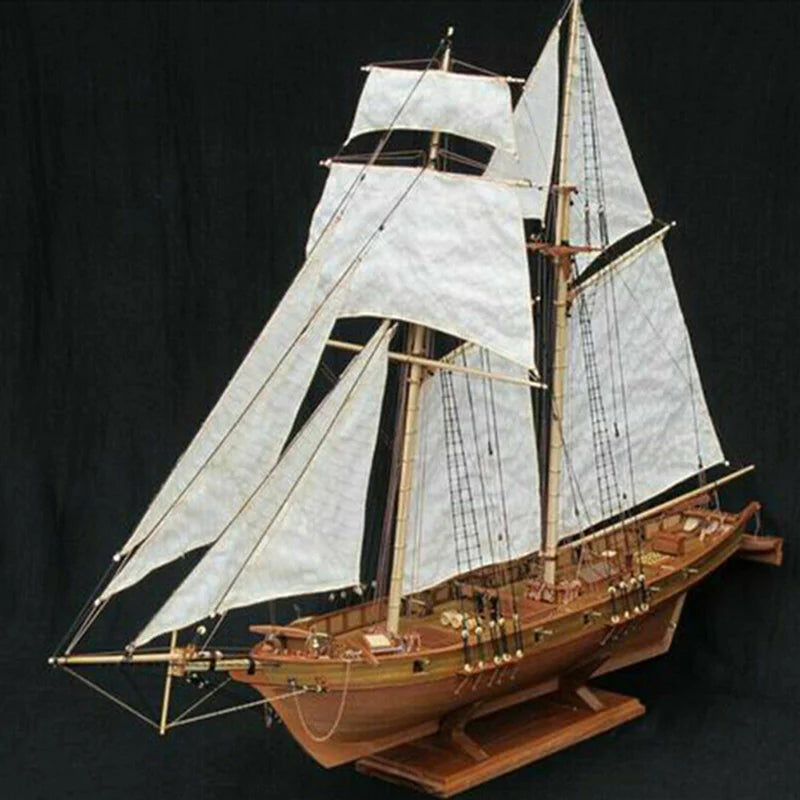 Side view of The Halco Handmade Wooden Sailboat DIY Model Kits aviation model ship in diecast metal or wood with detailed par.