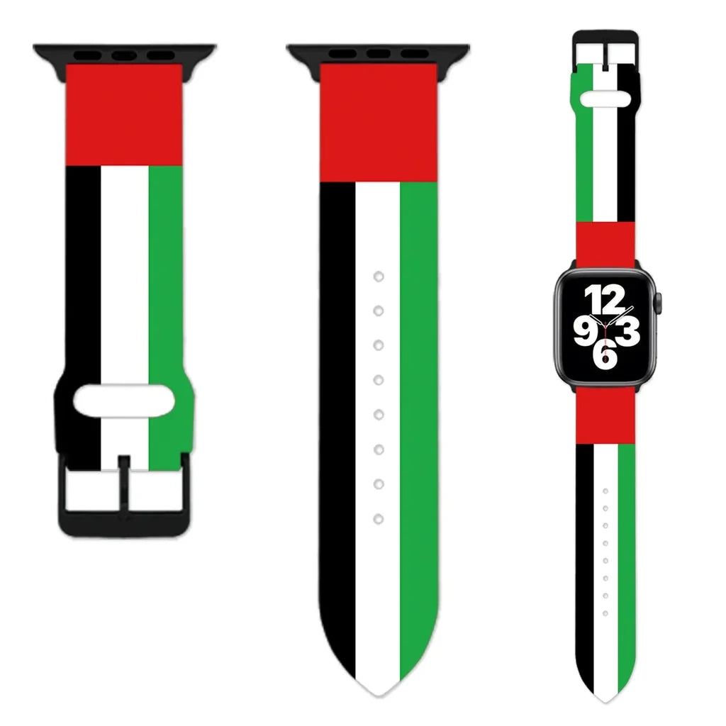 Side view of UAE Flag aviation Apple Watch band in soft silicone, polished finish.