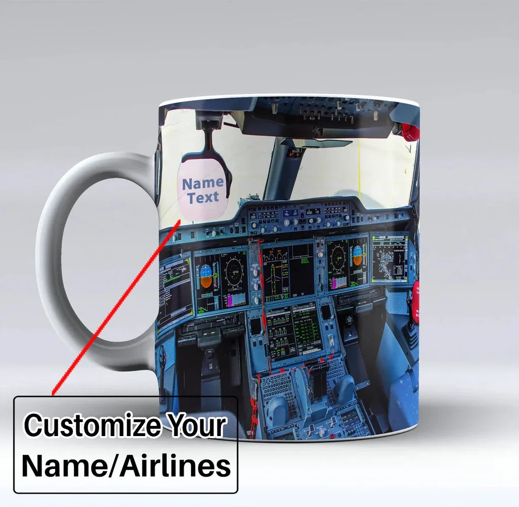 Airbus A350 Cockpit Text aviation design on ceramic mug, premium ceramic with glazed finish.