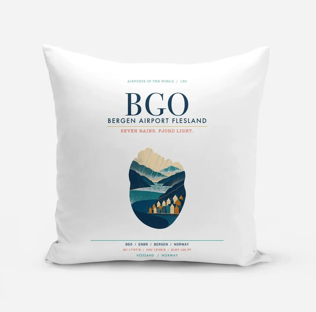 Bergen Airport Flesland (BGO) design on white pillow