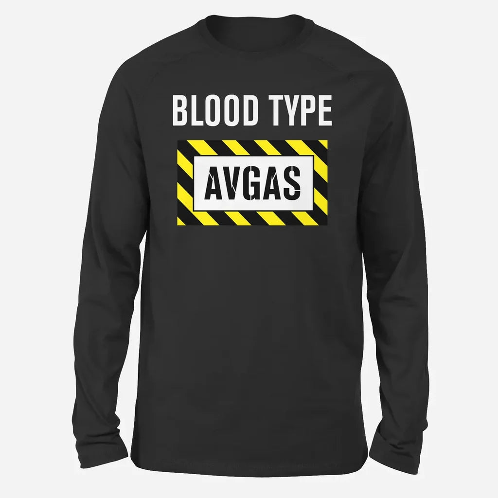 Blood Type AVGAS Long-Sleeve aviation design printed on soft cotton long-sleeve T-shirt.