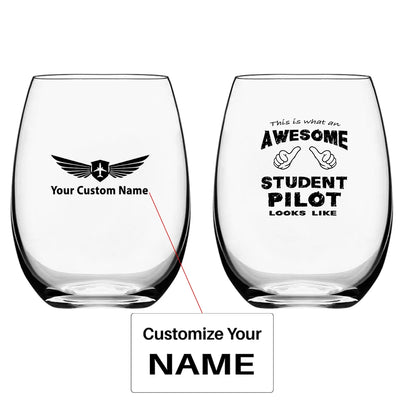 Student Pilot Water & Drink aviation design on water glass, crystal-clear premium glassware.