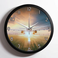 Thumbnail for Airplane Flying Over Runway aviation design on premium wood and metal wall clock.