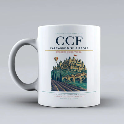Carcassonne Airport (CCF) airport code design on white ceramic mug