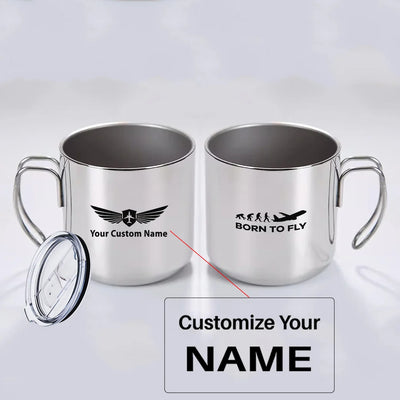 Born To Fly aviation design on portable mug, vacuum-insulated double-wall.