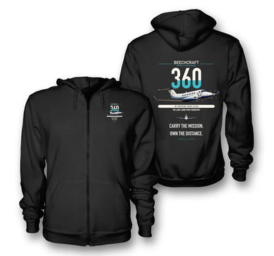 Beechcraft King Air 360 design on black premium zipped hoodie, double-side print