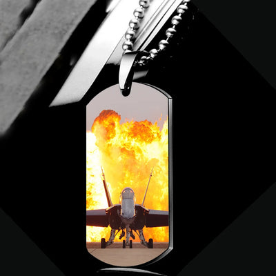 Face to Face with Air Force Jet & Flames aviation-themed necklace, polished metal.
