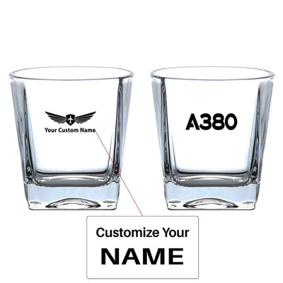 Airbus A380 Flat Text aviation design on whiskey glass, crystal-clear premium glassware.