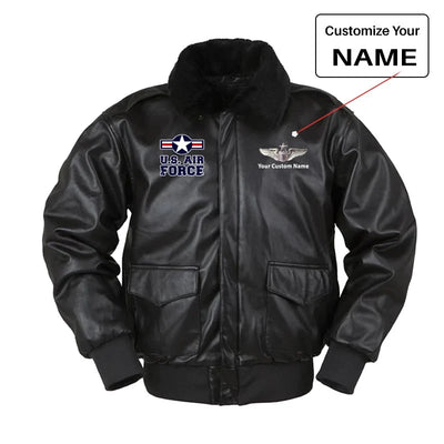 US Air Force & Custom Name aviation design printed on genuine leather with shearling-style collar leather bomber jacket.