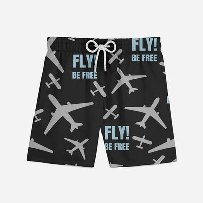 Fly Be Free! aviation print swim trunks, quick-dry polyester.