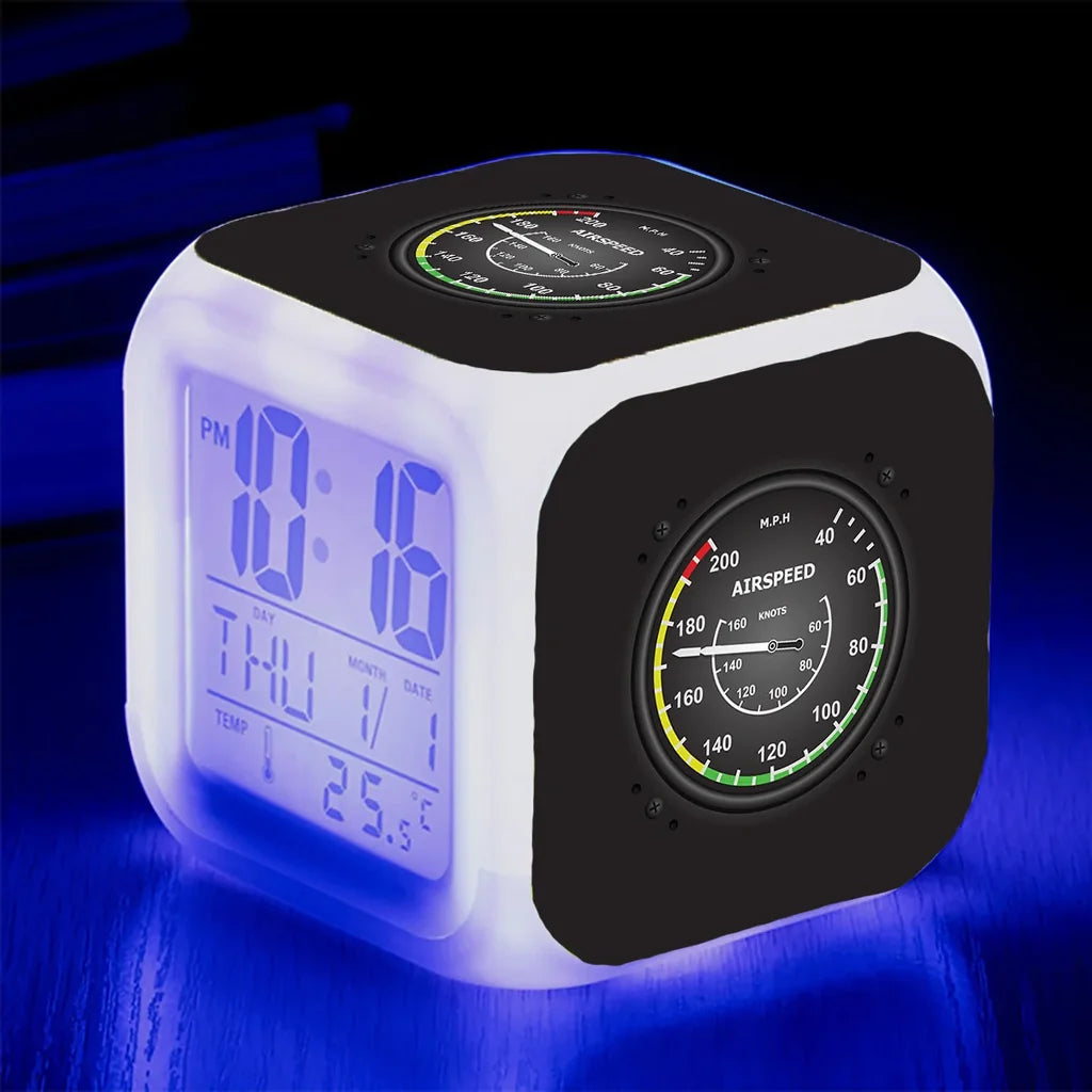 Airplane Instruments-Airspeed "7 Colour" Digital Alarm aviation art table clock in premium wood and metal.
