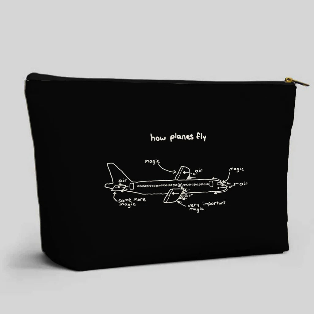 How Planes Fly aviation design zipper pouch, durable polyester construction.