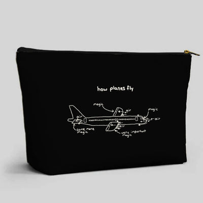 How Planes Fly aviation design zipper pouch, durable polyester construction.