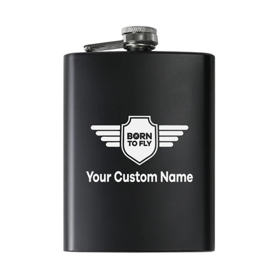 Custom Name (Badge 5) aviation design on stainless hip flask, compact pocket-size flask.