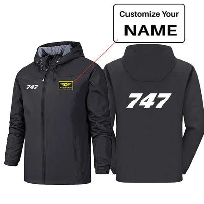Boeing 747 Flat Text Rain Jackets & Windbreakers aviation design printed on waterproof shell with sealed seams rain jacket.