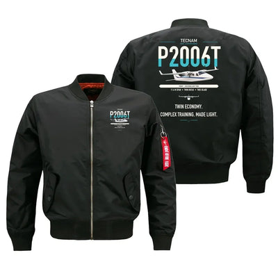 Tecnam P2006T design on black bomber jacket, double-side print