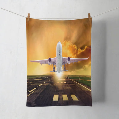 Amazing Departing Aircraft Sunset & Clouds Behind aviation design on soft absorbent cotton towel.