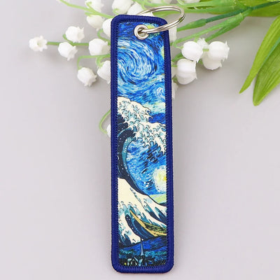 The Great Wave off Kanagawa/The Starry aviation fashion key chain in polished metal.