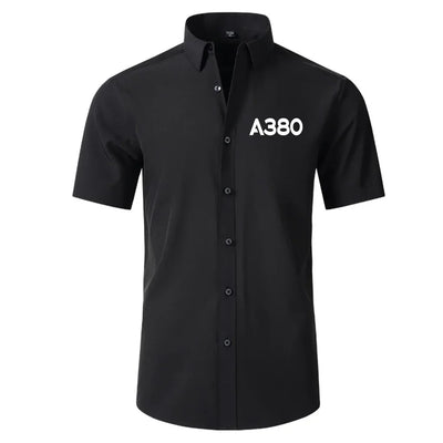 Airbus A380 Flat Text Short Sleeve aviation design printed on soft cotton 2D-printed shirt.