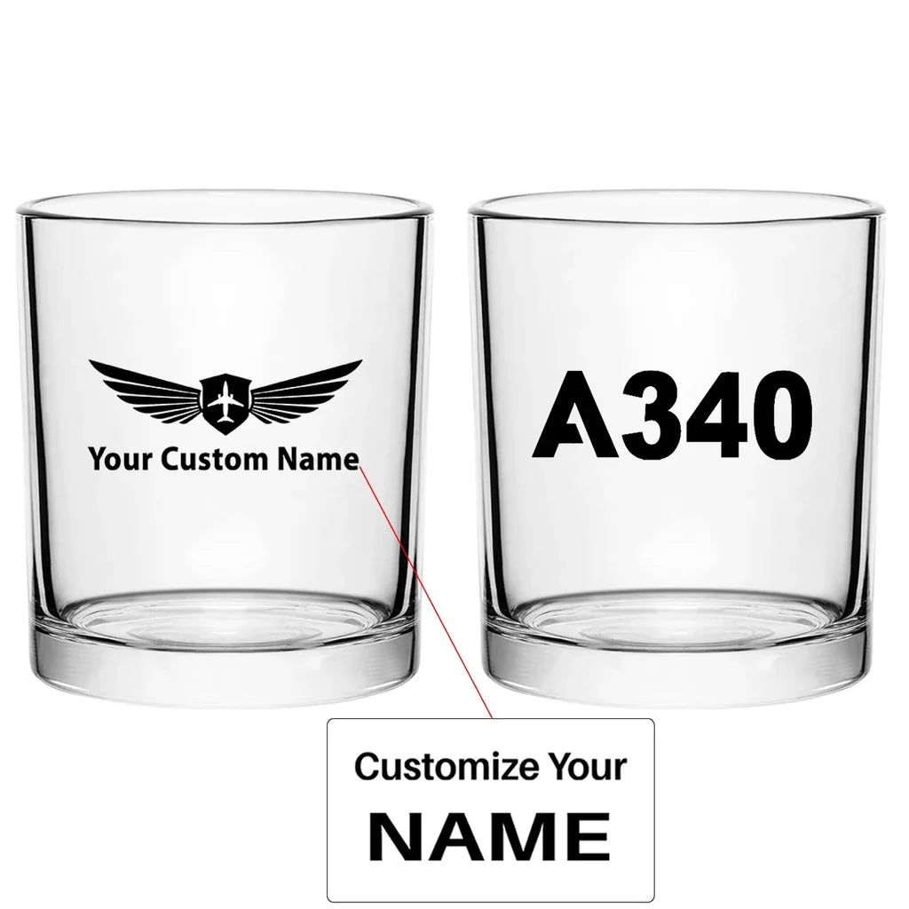 Airbus A340 Flat Text aviation design on whiskey glass, special-edition crystal cut.
