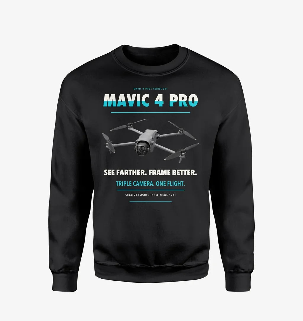 DJI Mavic 4 Pro design on black sweatshirt