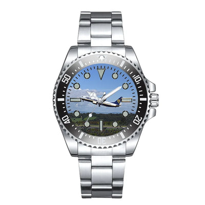 Side view of Departing Ryanair's Boeing 737 Luxury Aviators aviation aviator watch in premium stainless steel, polished finis.