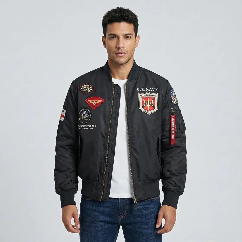 "US Navy" Fighter Pilot Style Super Cool Pilot Jackets aviation Top Gun-themed product in premium build.
