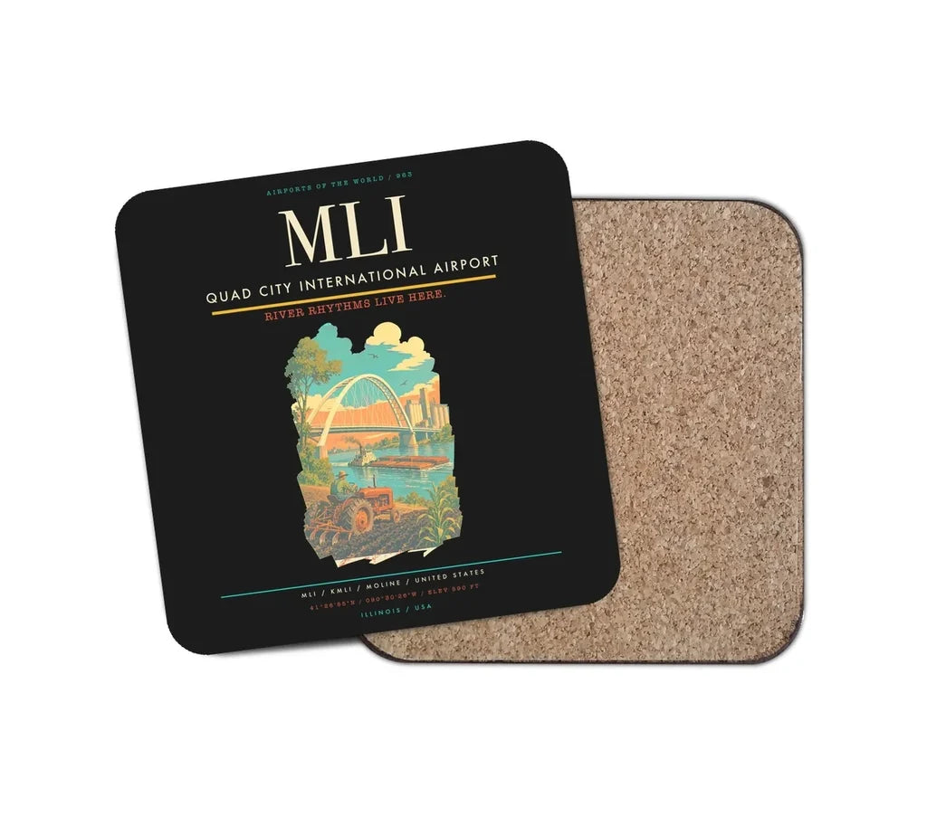 Quad City International Airport (MLI) design on black 1 piece coaster