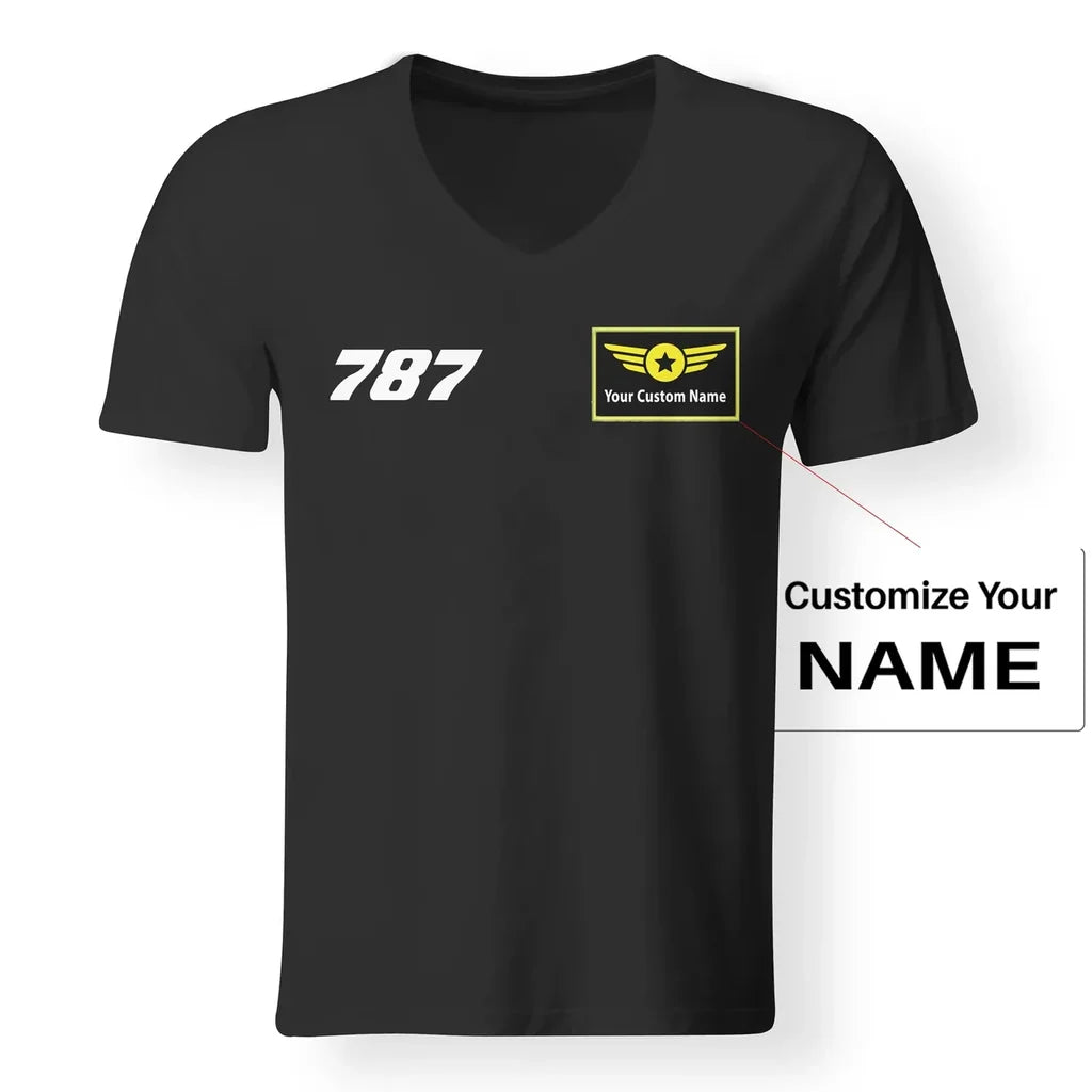 Boeing 787 Flat Text aviation design printed on soft cotton V-neck T-shirt.
