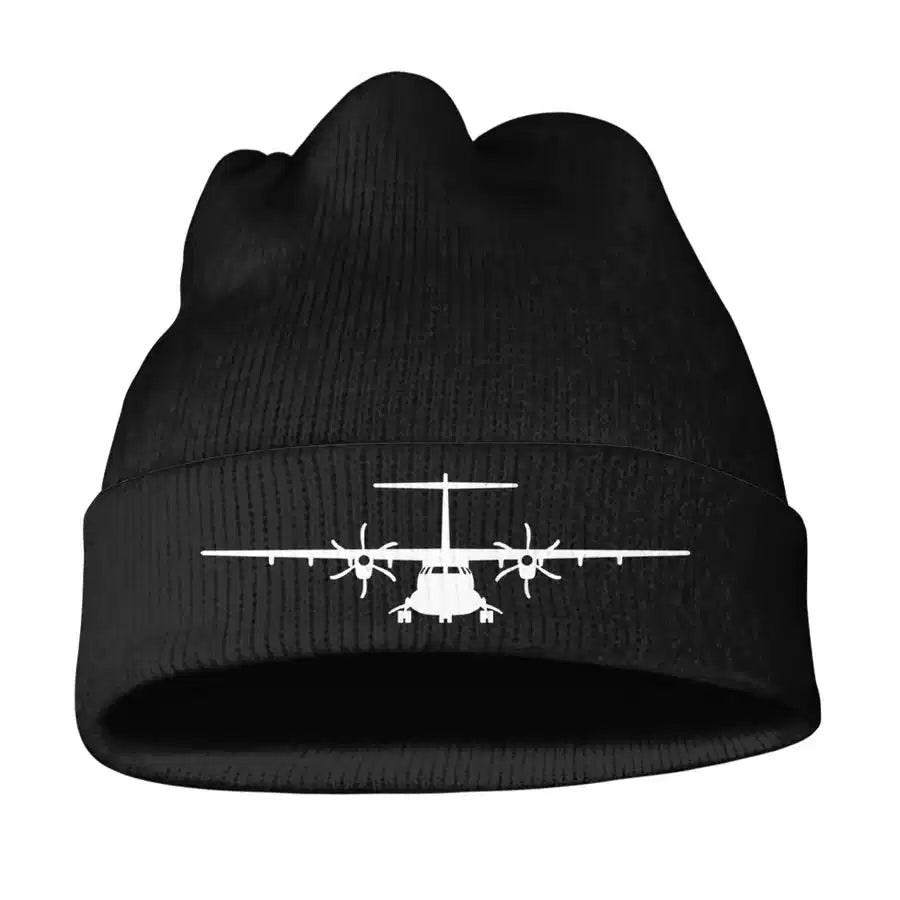 ATR-72 Silhouette aviation embroidery on soft knit fabric 3D knit beanie.