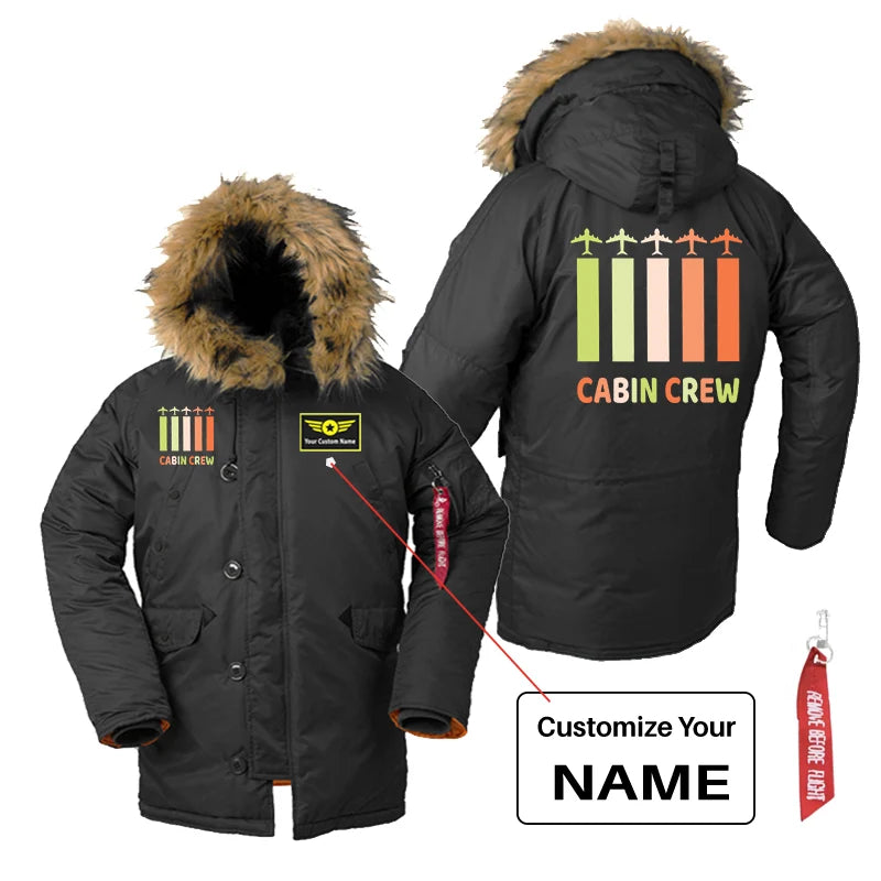 Colourful Cabin Crew aviation design printed on heavyweight shell with hooded warmth parka bomber.