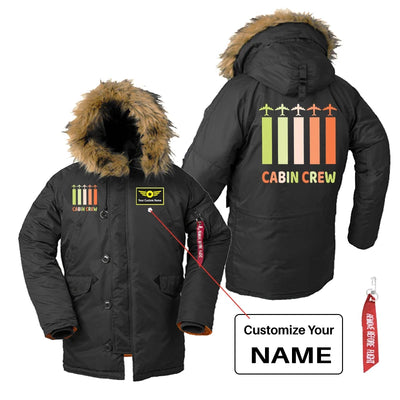 Colourful Cabin Crew aviation design printed on heavyweight shell with hooded warmth parka bomber.