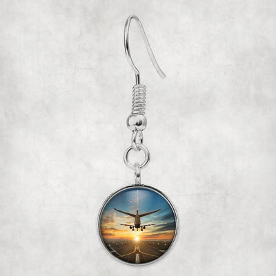Airplane over Runway Towards the Sunrise aviation earrings, hypoallergenic alloy body with engraved detail.