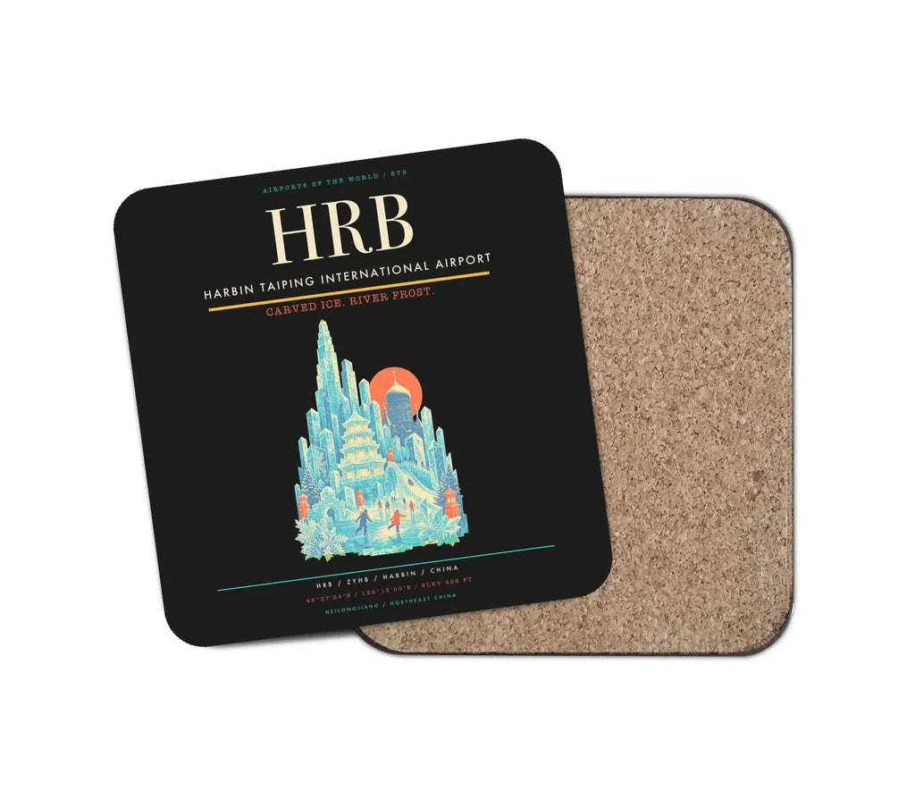 Harbin Taiping International Airport (HRB) design on black 1 piece coaster