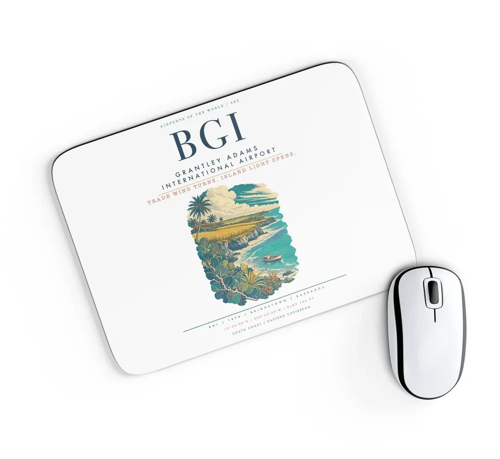 Grantley Adams International Airport (BGI) design on white rectangle mouse pad