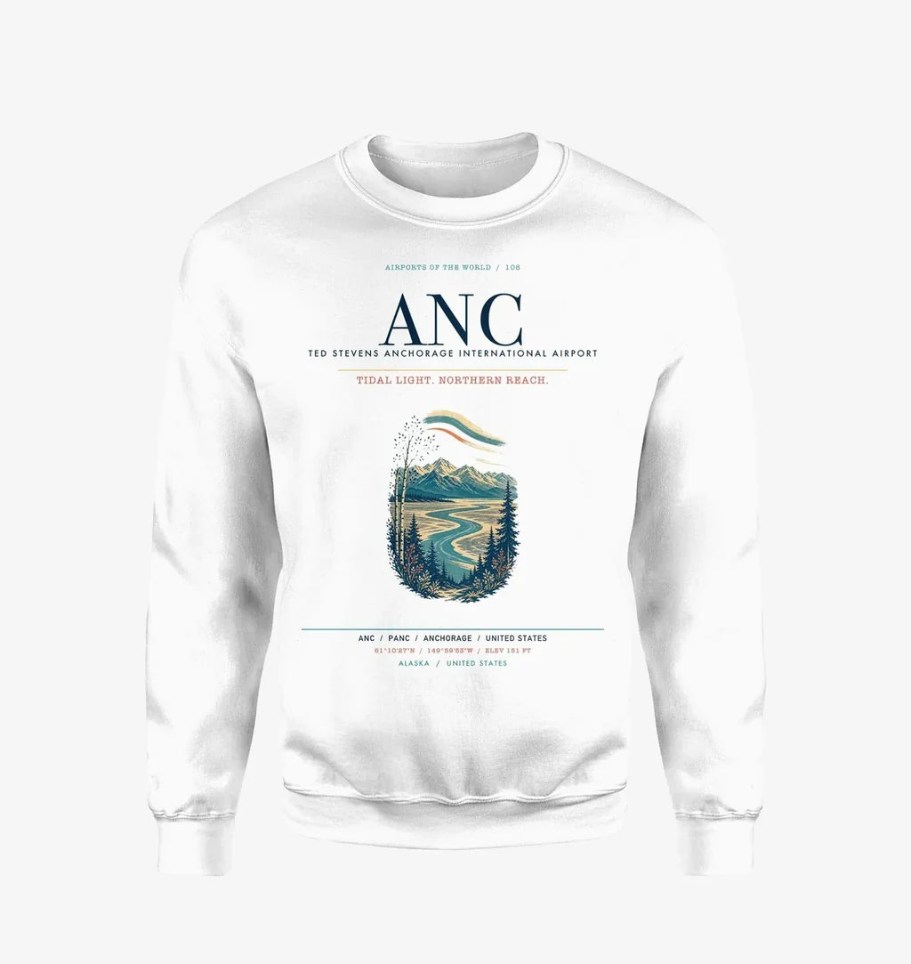 Ted Stevens Anchorage International Airport (ANC) design on white sweatshirt