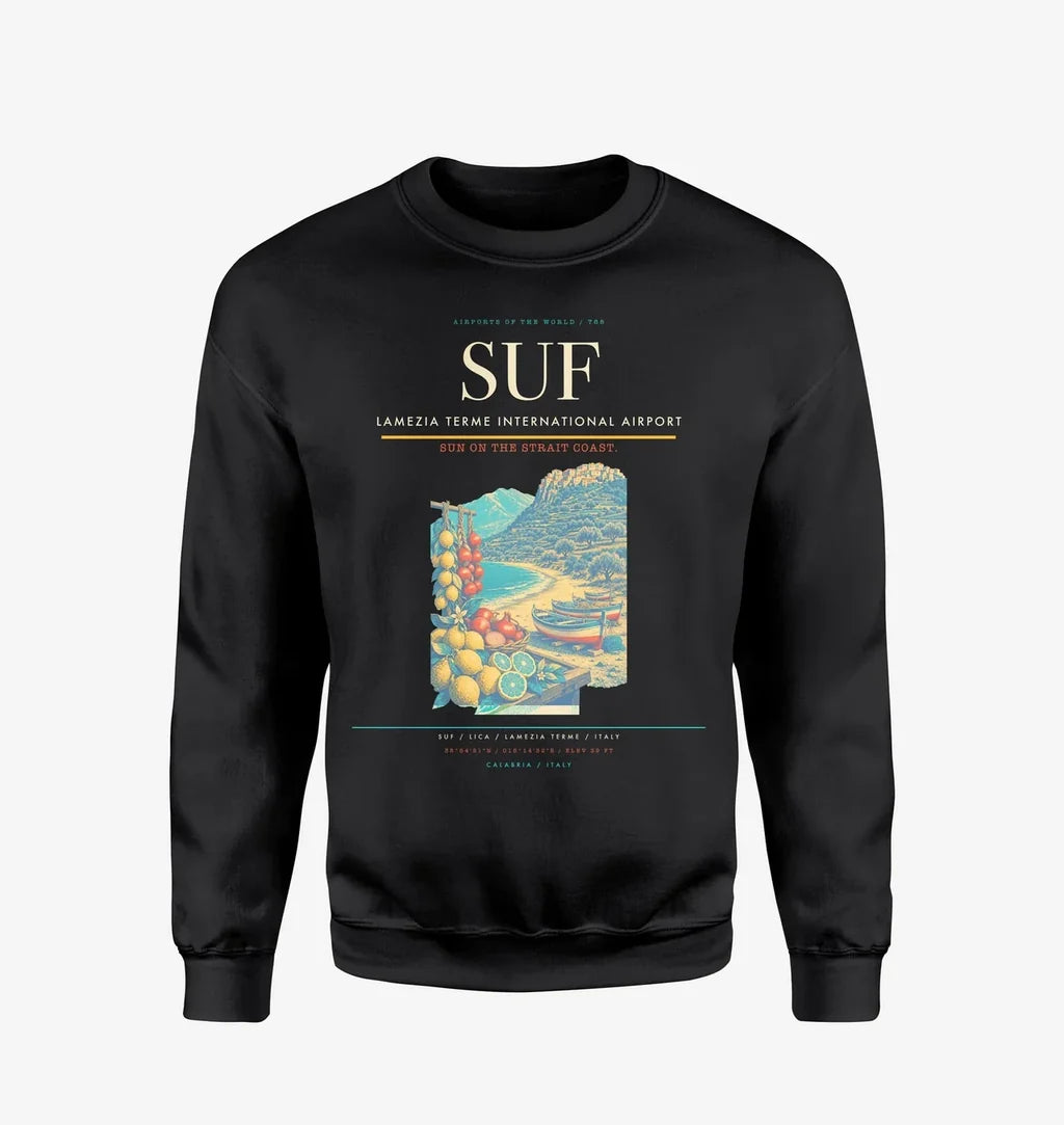 Lamezia Terme International Airport (SUF) design on black sweatshirt