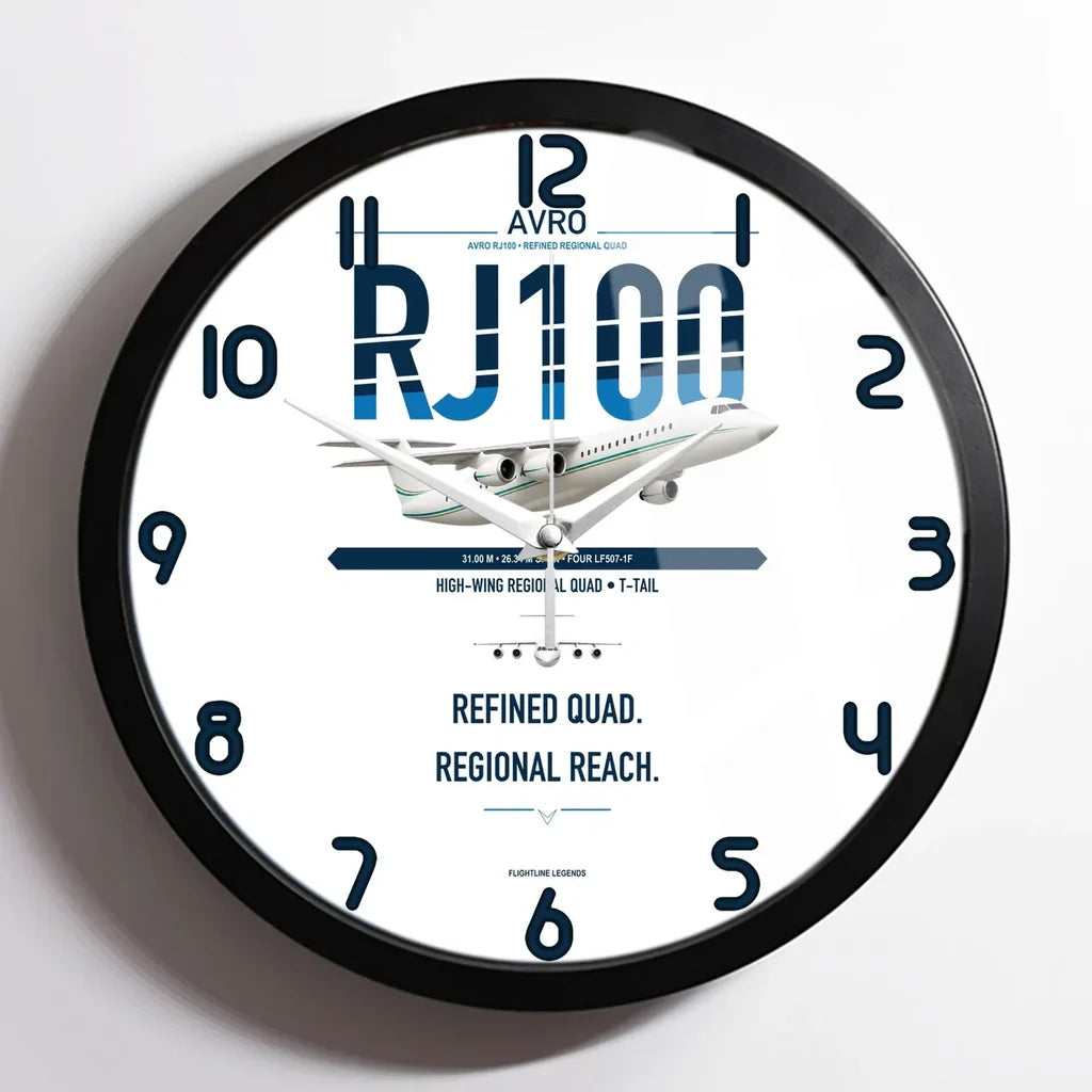 Avro RJ100 design on white framed wall clock