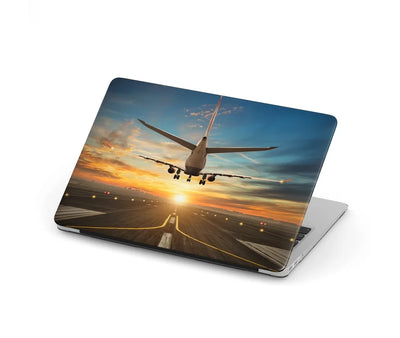 Airplane over Runway Towards the Sunrise aviation print MacBook case, fits MacBook.