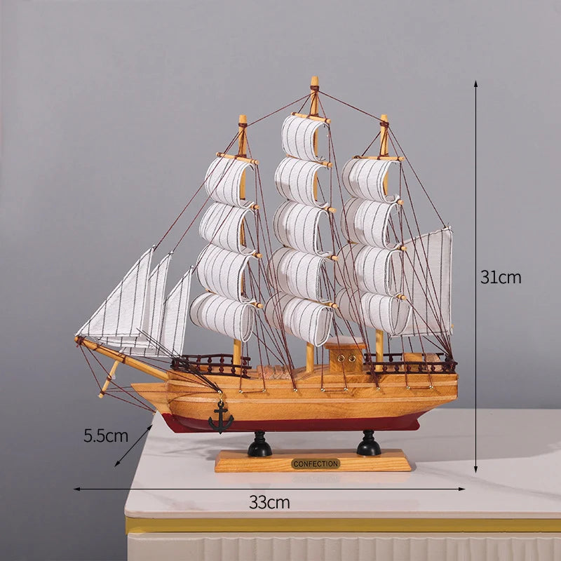 Side view of 33CM Wooden Mediterranean Ship Sailboat Model Ornament aviation model ship in diecast metal or wood with detaile.