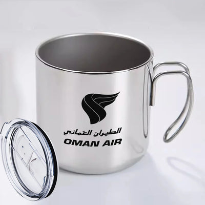Oman Airlines aviation design on portable mug, vacuum-insulated double-wall.