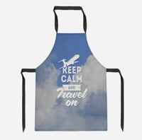 Thumbnail for Keep Calm and Travel On aviation design on durable cotton blend kitchen apron.